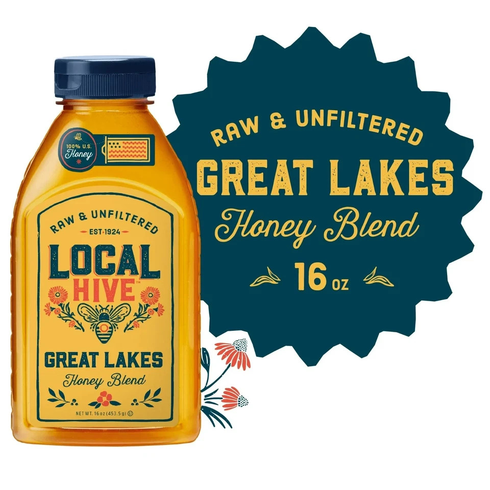 Local Hive, Raw & Unfiltered,100% U.S. Great Lakes Honey blend, 16 Oz Bottle…,