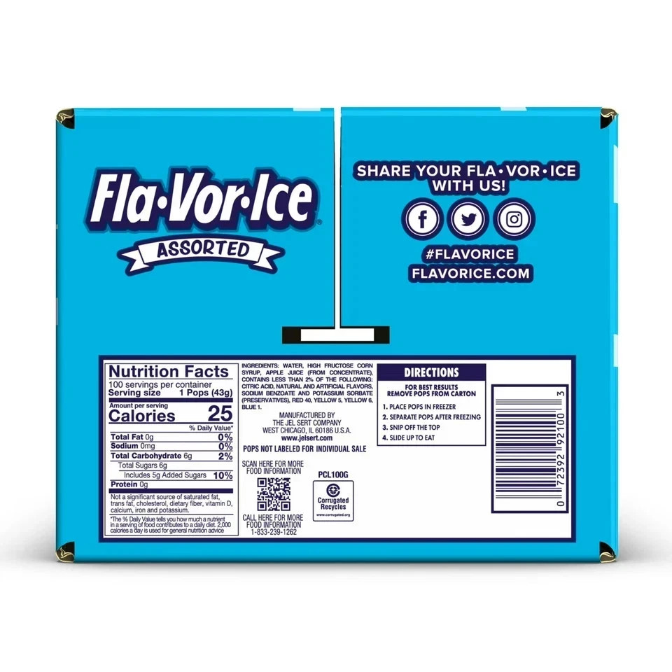 Fla-Vor-Ice Assorted Gluten-Free Freezer Ice Pops, 1.5 oz, 100 Count
