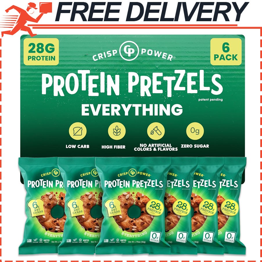 CRISP POWER Protein Pretzels, Everything, 28G Protein, High Protein Snack, 6pk