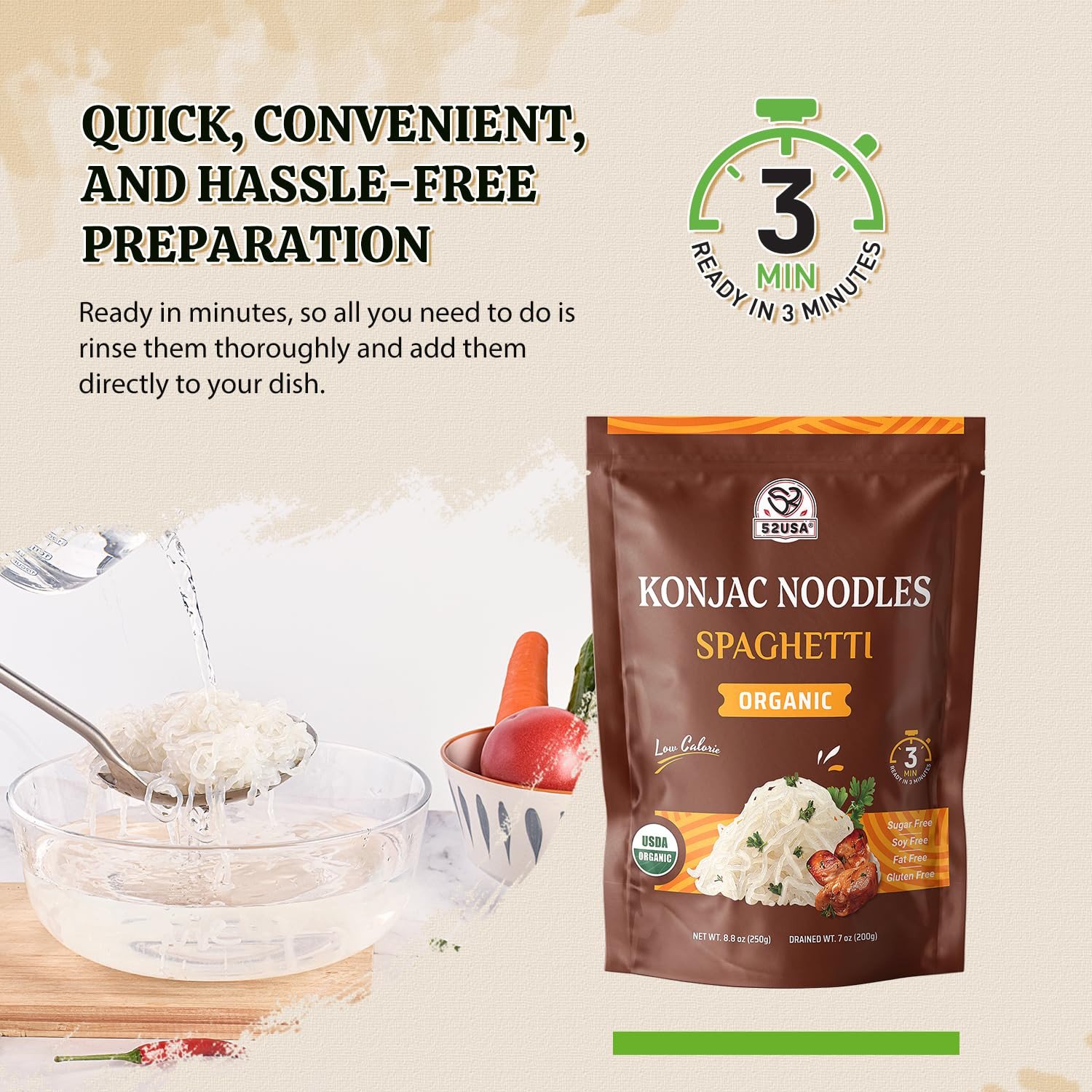 Organic Konjac Shirataki Noodle, Low Carb Pasta 52.8 Oz (1500 G), Angel Hair, Fe