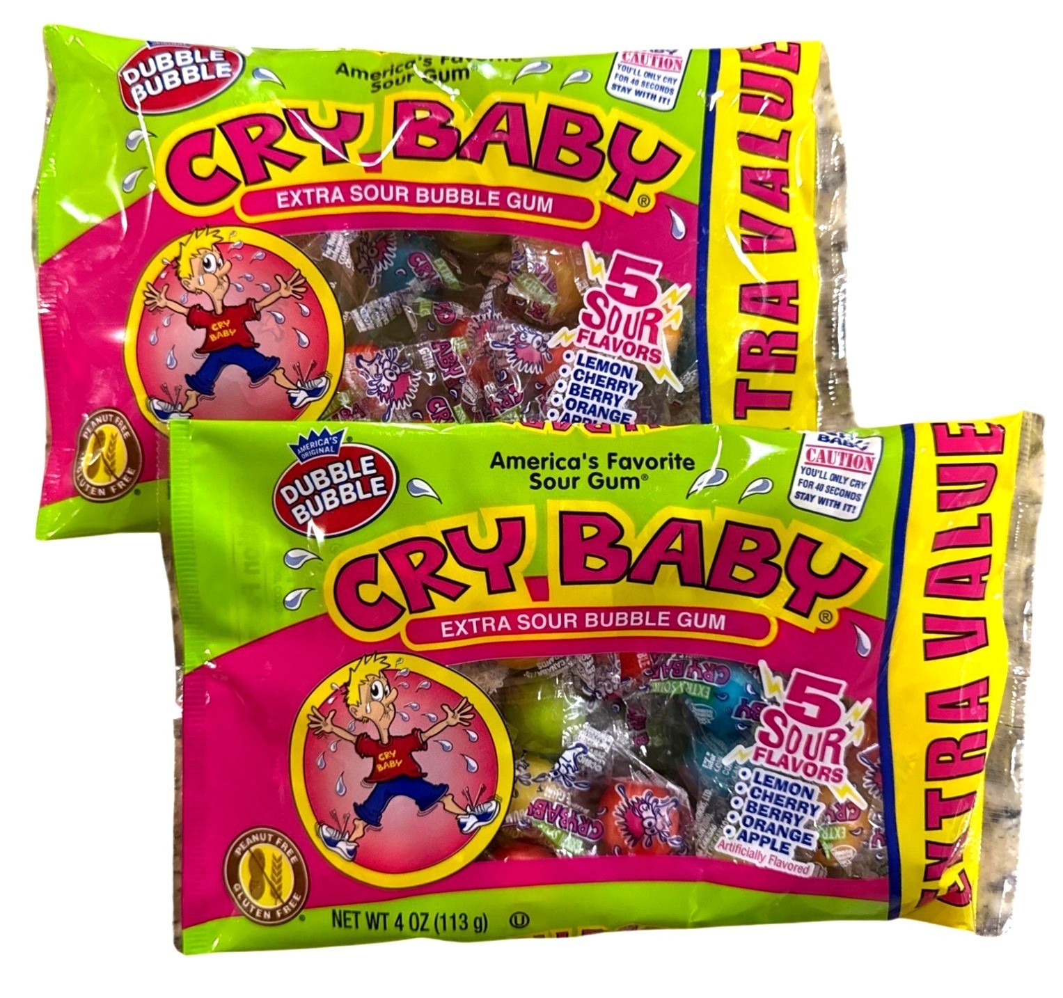 2pc Set 4oz per Bag DUBBLE BUBBLE Candy Cry Baby Extra Sour Bubble Gum 5 Flavors