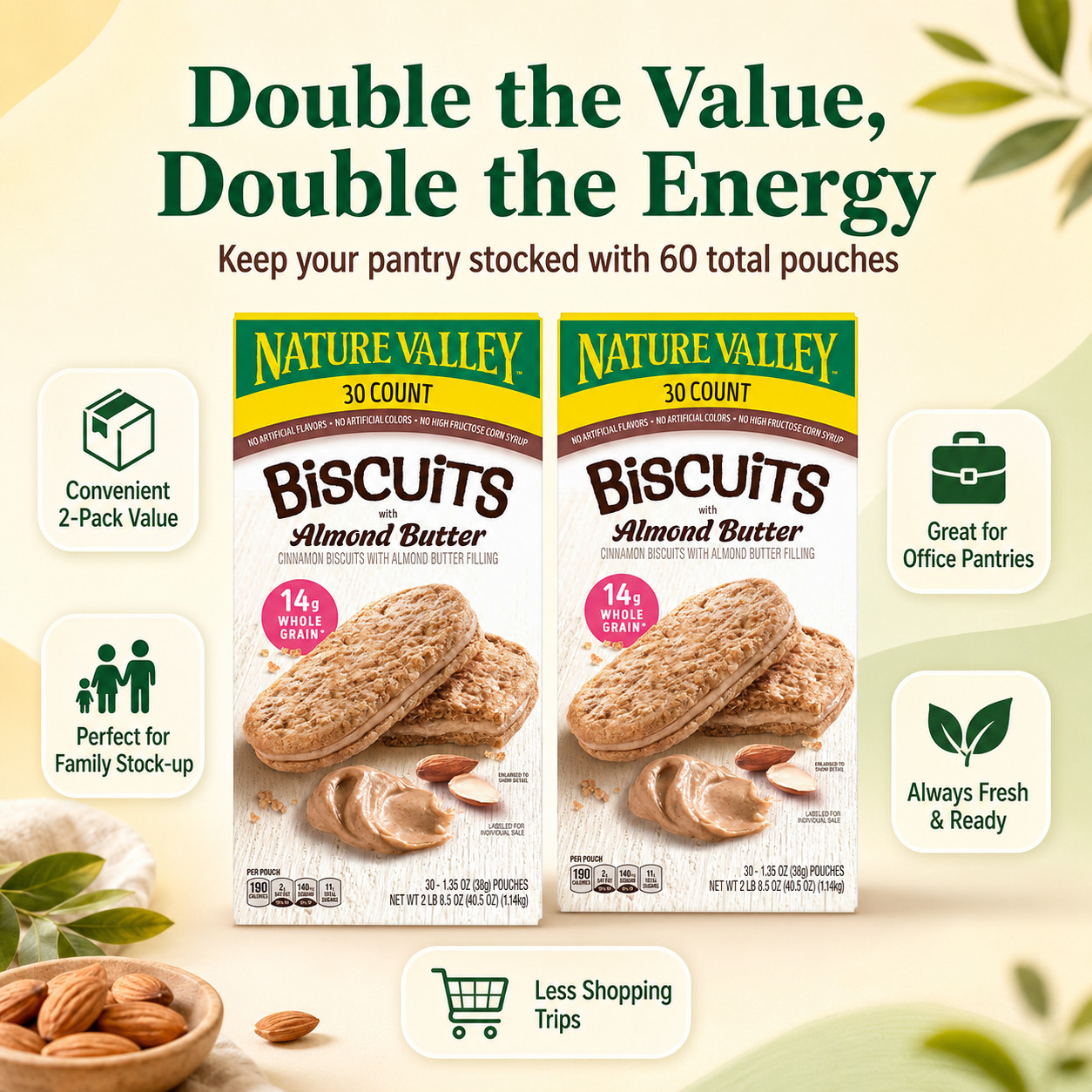 2 Pack Nature Valley Biscuits with Almond Butter, 1.35 oz, 30-count