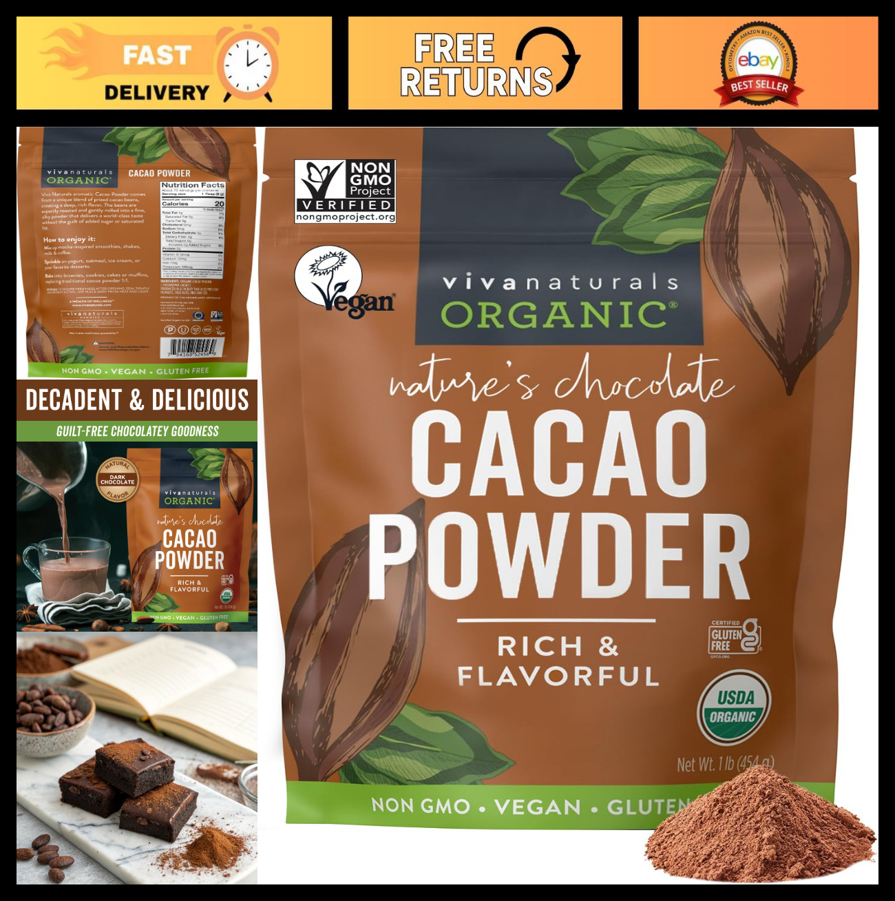 Organic Unsweetened Cacao Powder 1 lb – Rich Dark Chocolate for Baking, Smoothie