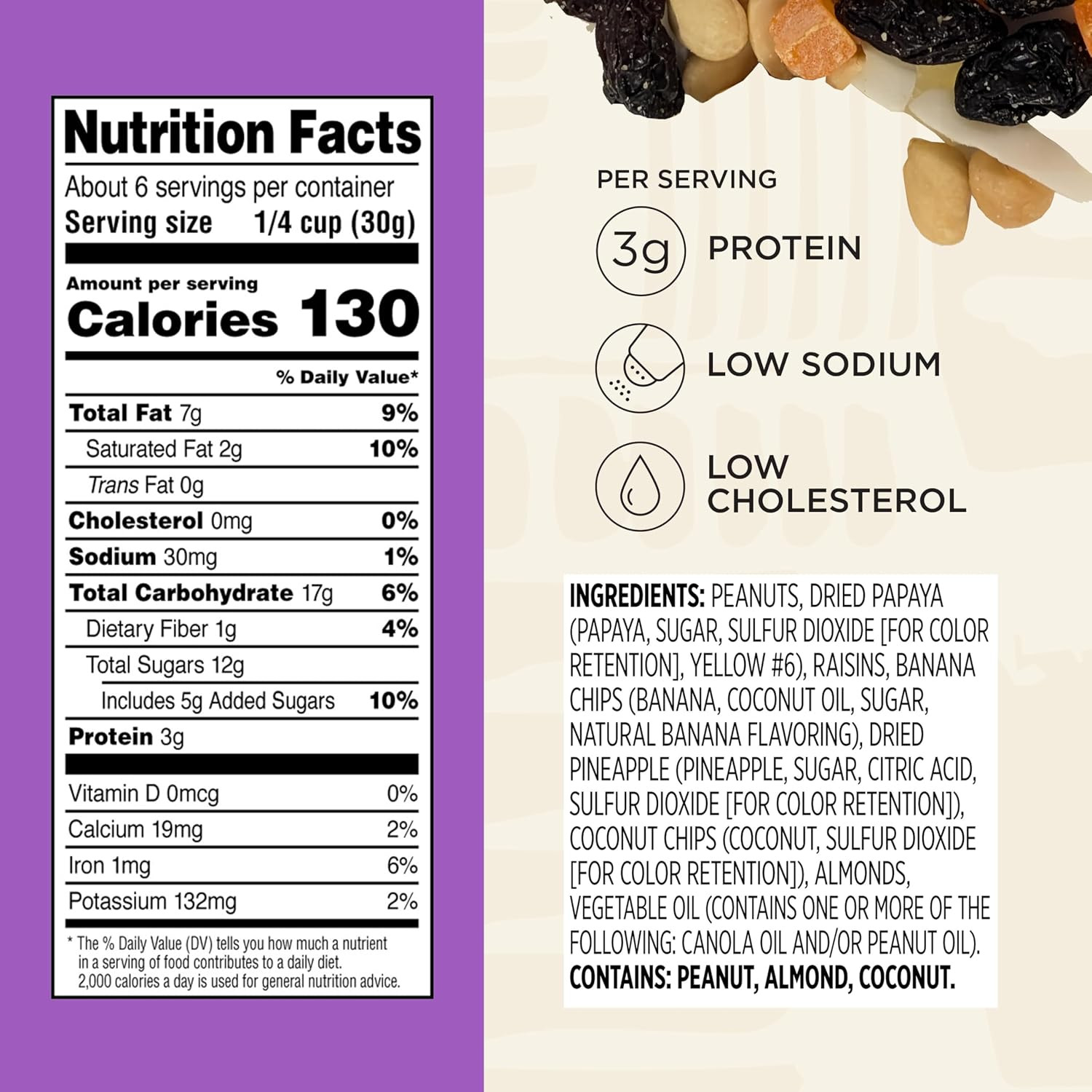 Tropical Trail Mix with Peanuts, Dried Papaya, Raisins, Banana Chips, Dried Pine
