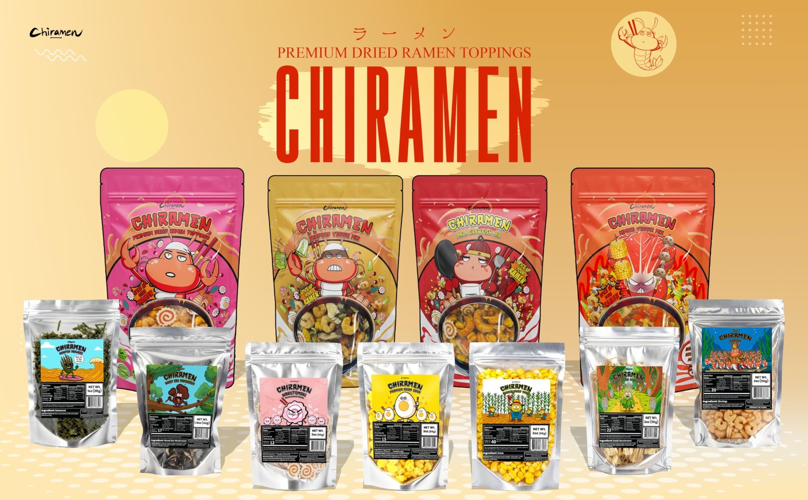 CHIRAMEN Seafood Veggie Mix Dried Ramen Toppings, Shrimp, Fishcake, Cup Ramen