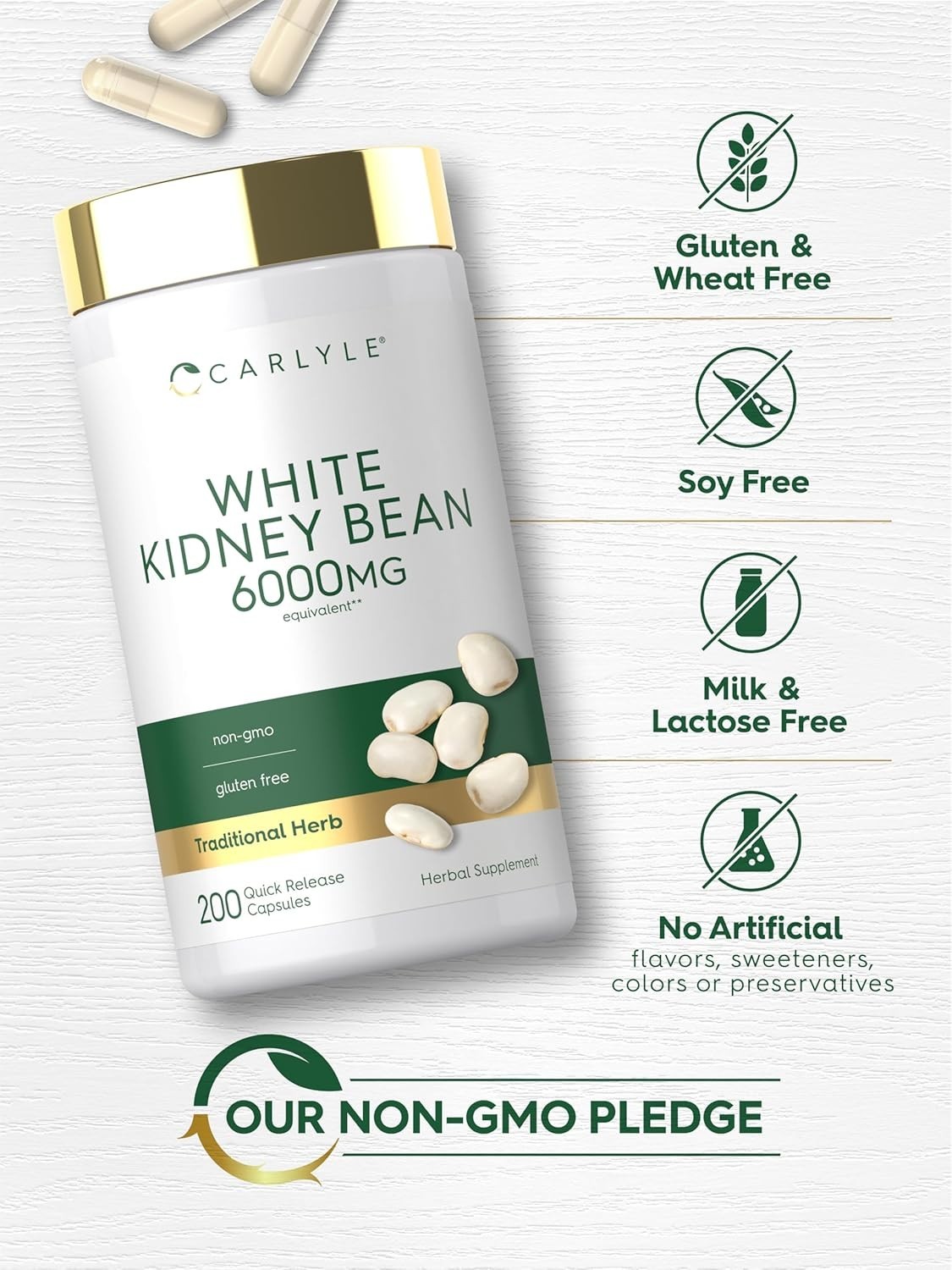 Gluten-Free White Kidney Bean Extract Capsules – 200 Count Dietary Supplement