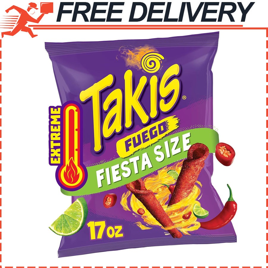 Takis Fuego 17 oz Fiesta Size Hot Chili Pepper & Lime Extreme Spicy Rolled Corn