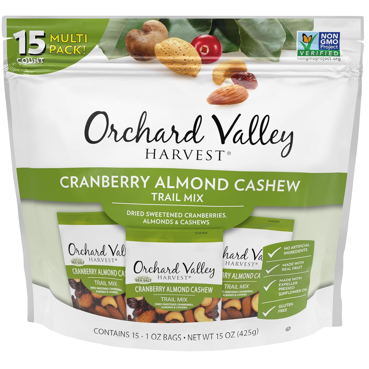 Cranberry Almond Cashew Trail Mix, 1 Ounce Bags (Pack of 15), Cranberries, Almon