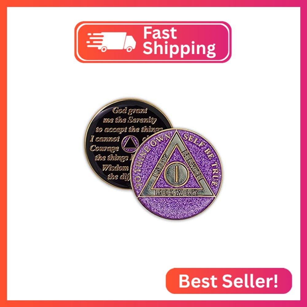 1 Year Sobriety Coin | Glitter Triplate AA Chip Recovery Anniversary Token (Purp