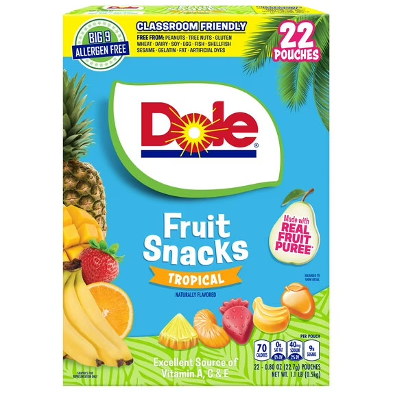 Dole Tropical Fruit Snacks 22 Count Gluten Free Dye Free Pack of 1 & 2
