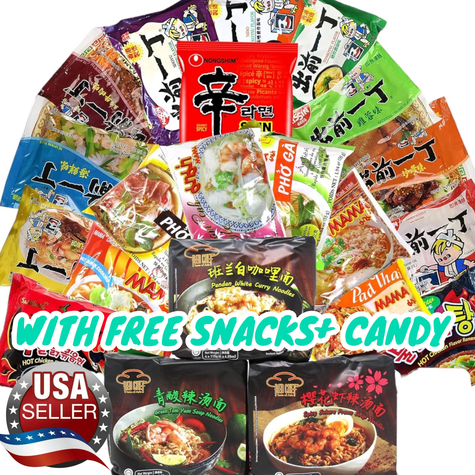 Asian Korean Japanese Chinese Variety instant ramen box + Free Snack, Candy