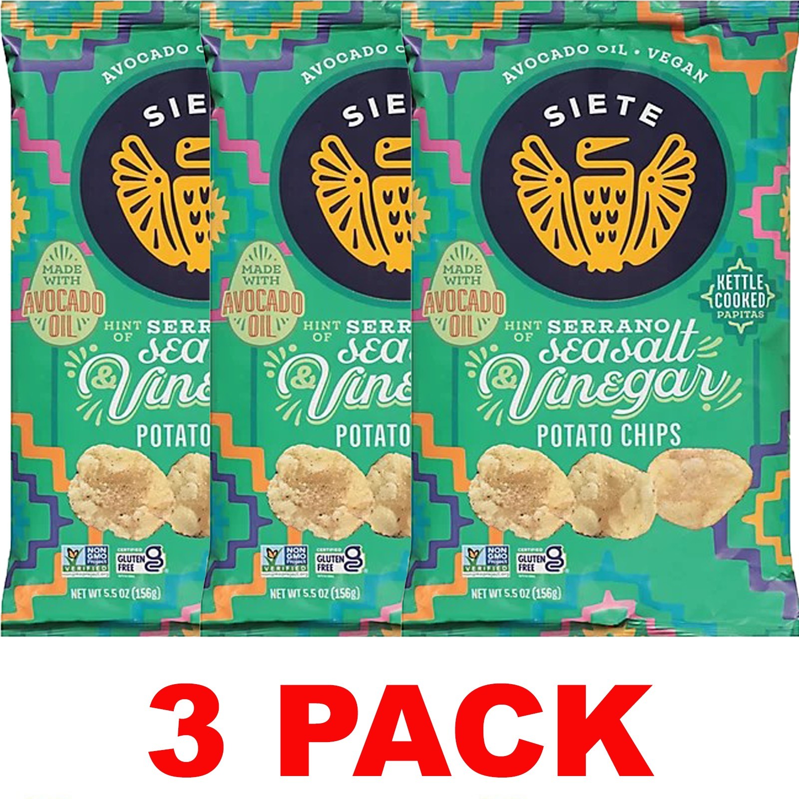 SIETE Serrano Sea Salt Vinegar Potato Chips Avocado Oil 5.5 oz Bag – 3 PACK