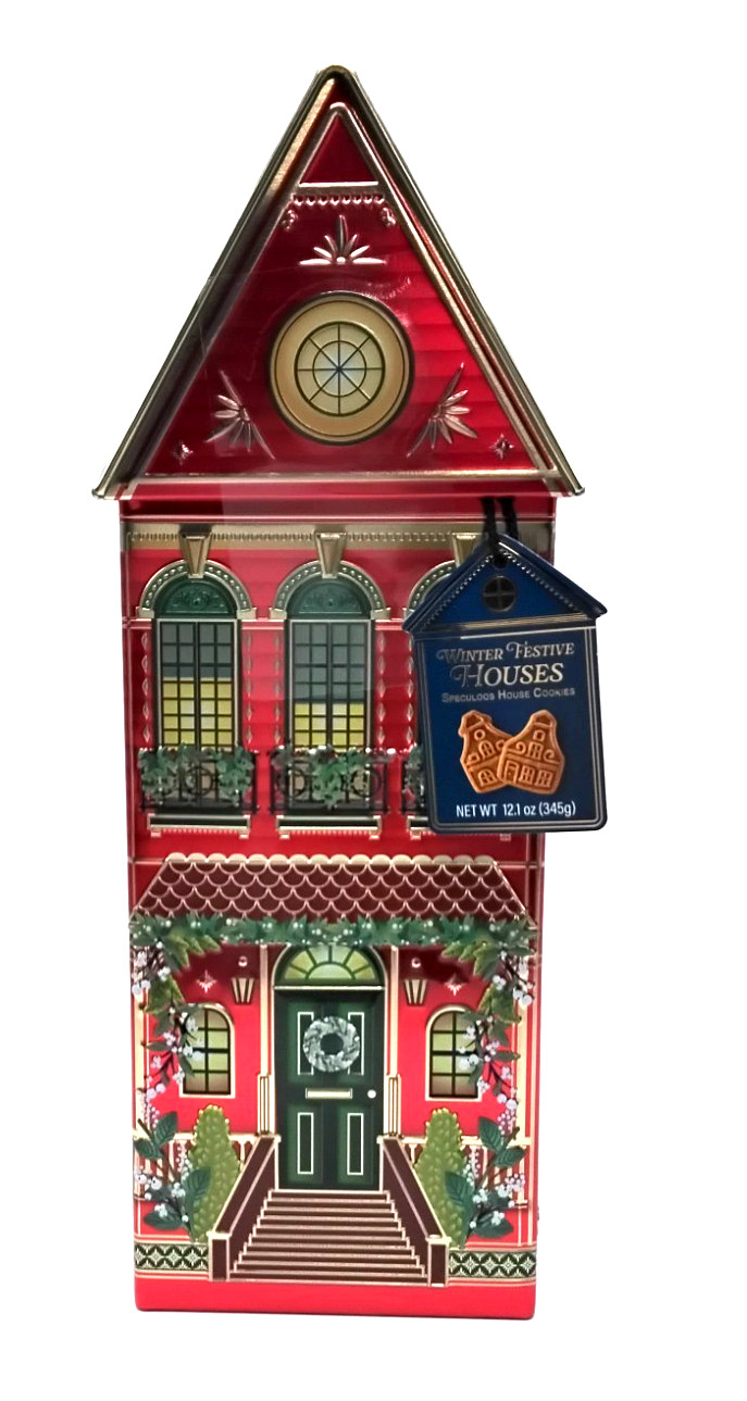 Speculoos Holiday House Cookie Tin RED Christmas w/12.1 Oz COOKIES SEALED NEW!