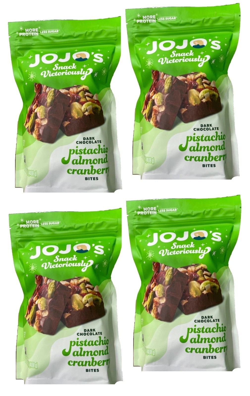4-PACK JOJO’s Snack Victoriously Dark Cocoa Pistachio Almond Cranberry 14.4oz ea