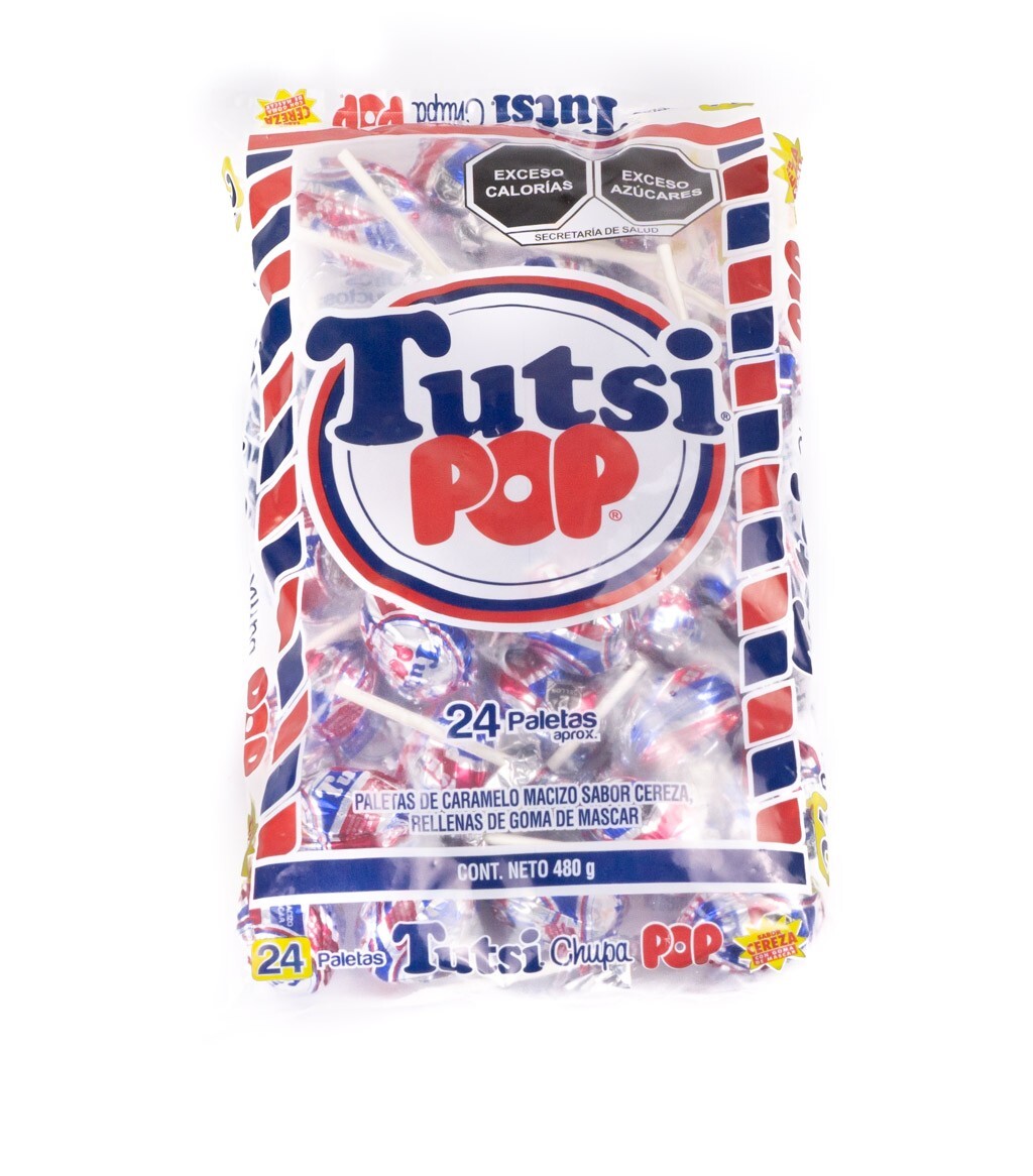 Tutsi Pop Mexican Lollipop Cherry Flavored With Gum Center 24 Pieces
