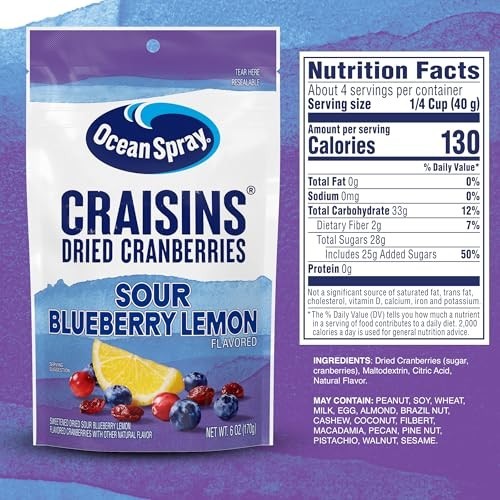 Dried Cranberries Sour Blueberry Lemon 6oz Pouch Sweetened Snack Fruit