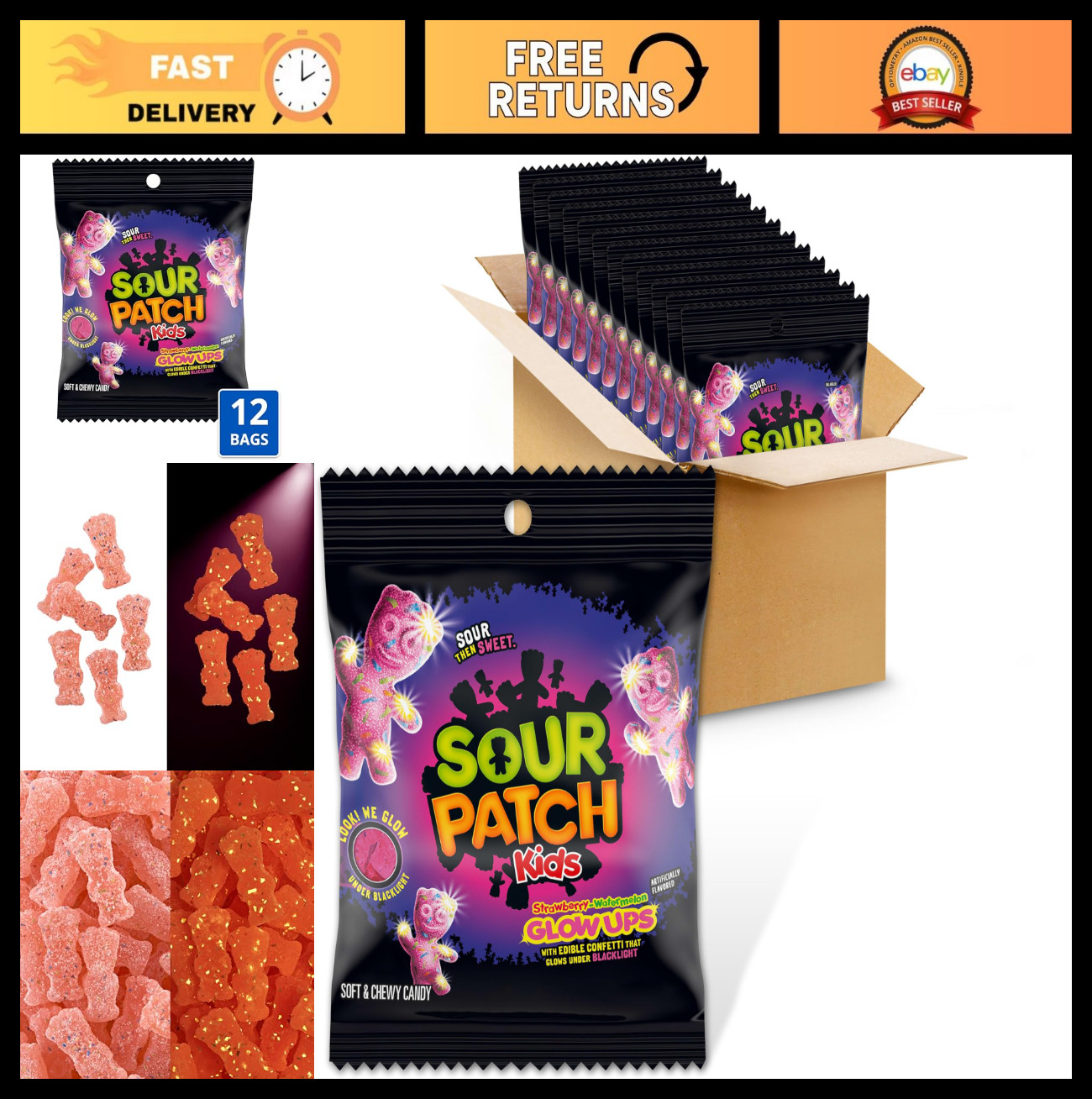 Glow Ups Strawberry-Watermelon Soft Chewy Candy – Bulk 12 Bags, Sweet Treats