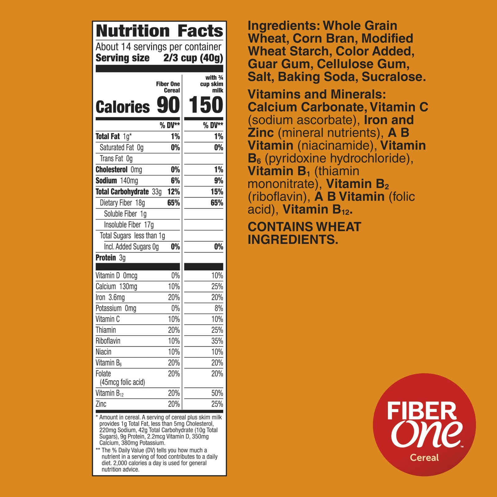 Fiber One Cereal Original Bran High Fiber Cereal Made Whole Grain 19.6 Oz