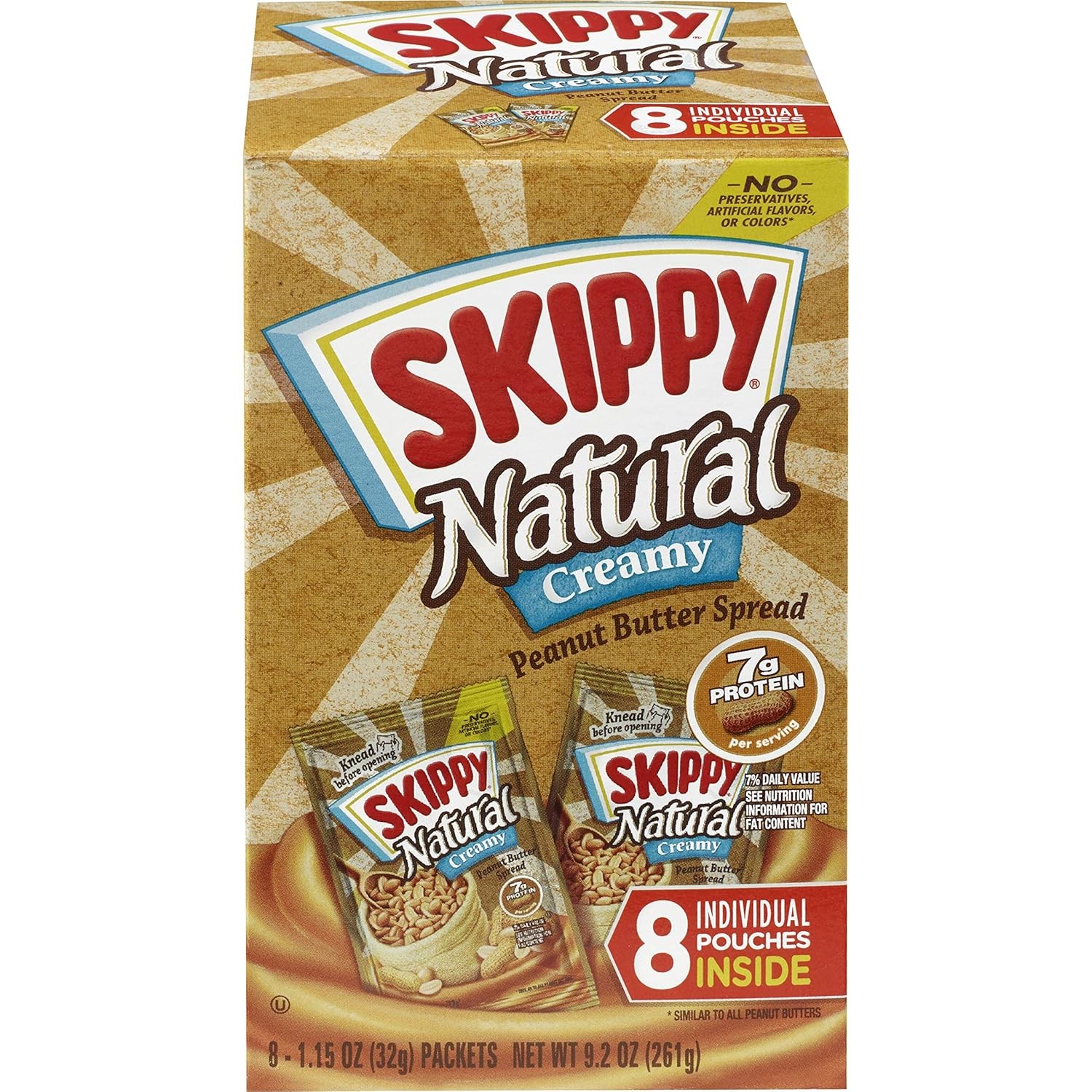 Skippy Individual Natural Creamy Peanut Butter Squeeze Packs 1.15 Ounce 8 Count