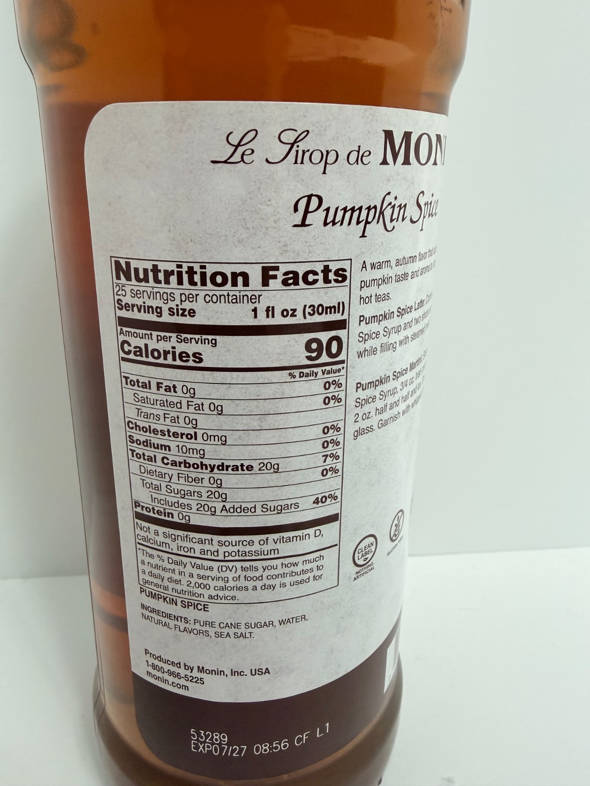 Monin Premium Pumpkin Spice Flavoring Syrup 750 ml bottle