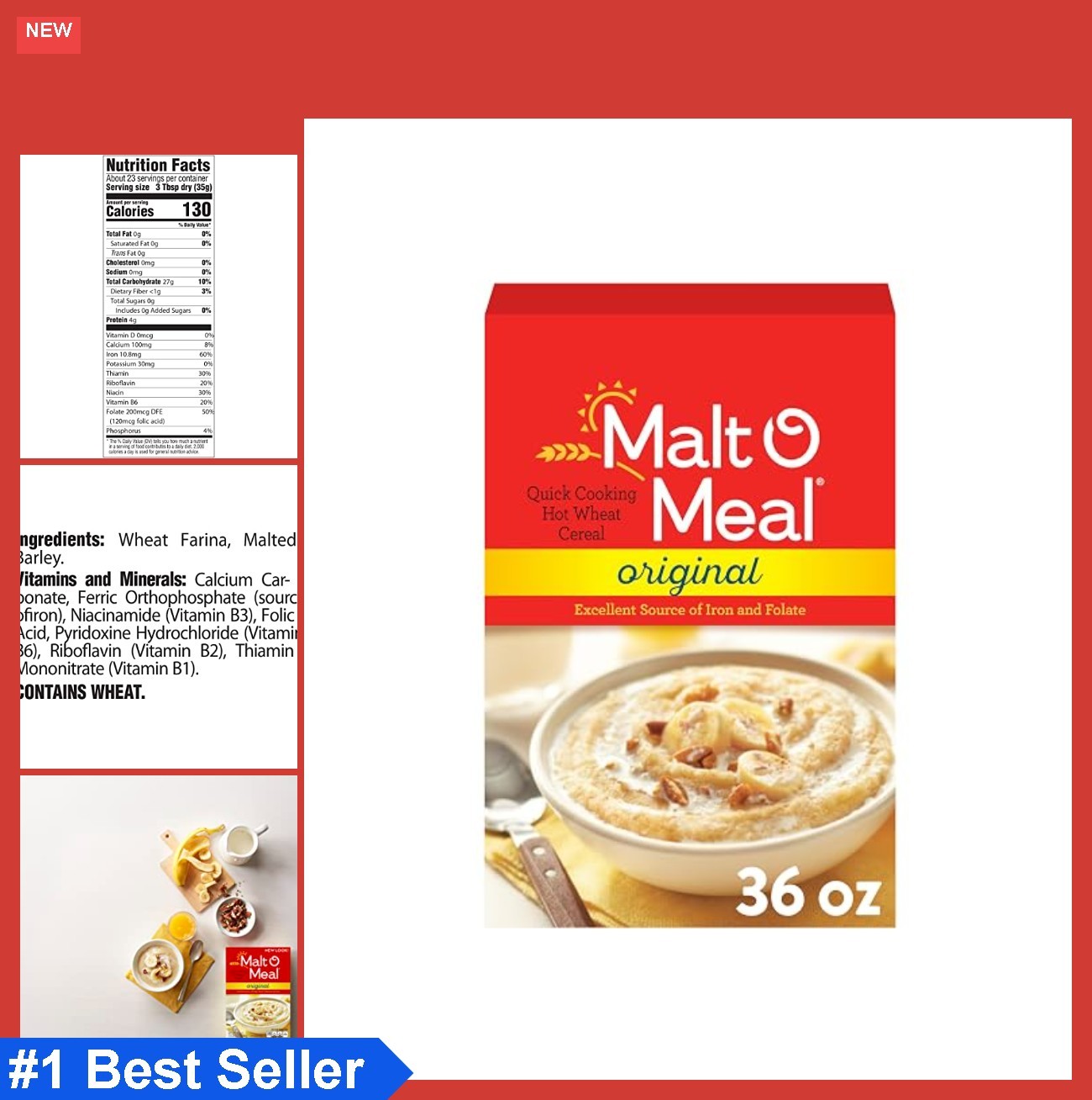 Hot Wheat Cereal Original Flavor Quick Cooking Breakfast 36 oz Box