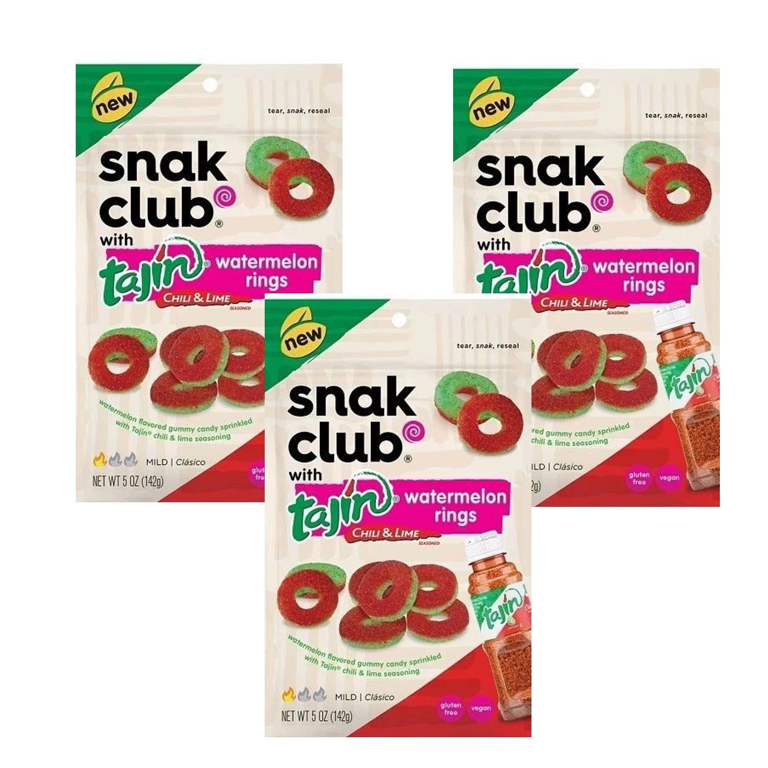 Snak Club Tajin Watermelon Rings Gummies 5 oz Bags Chili Lime Candy 3 Pack