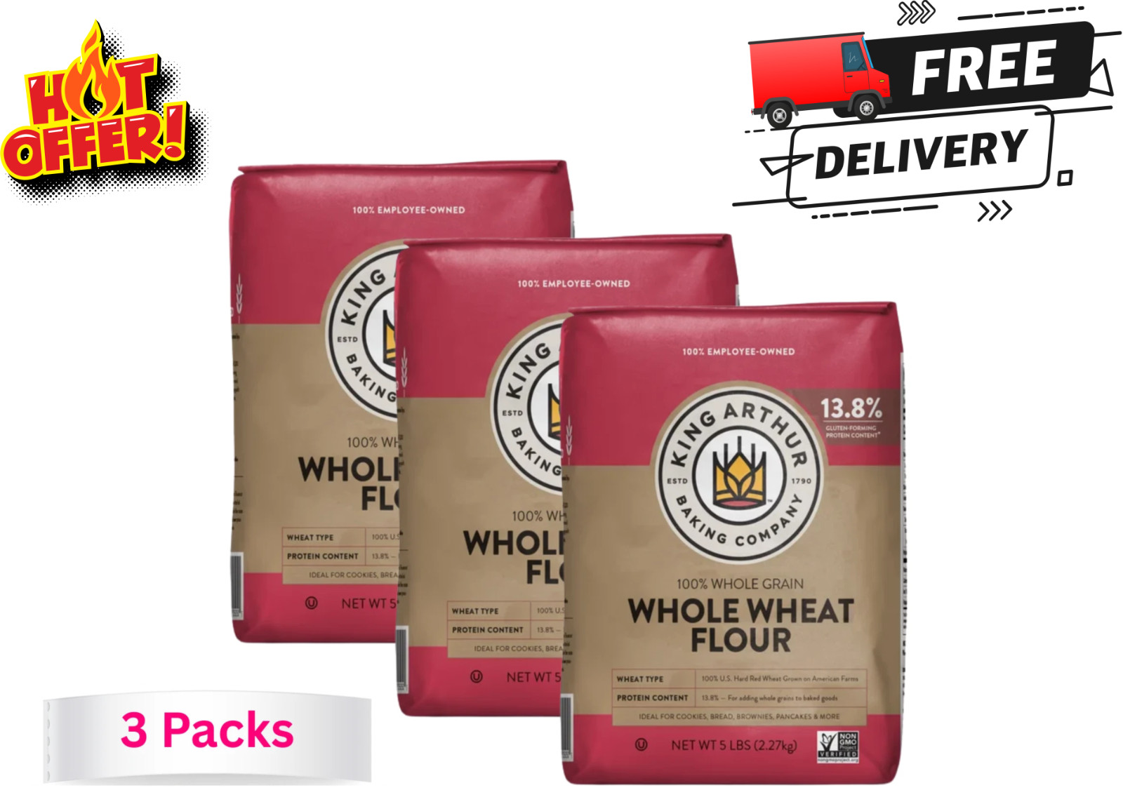 3 Packs – King Arthur Whole Wheat Flour 5 LB Free shipping