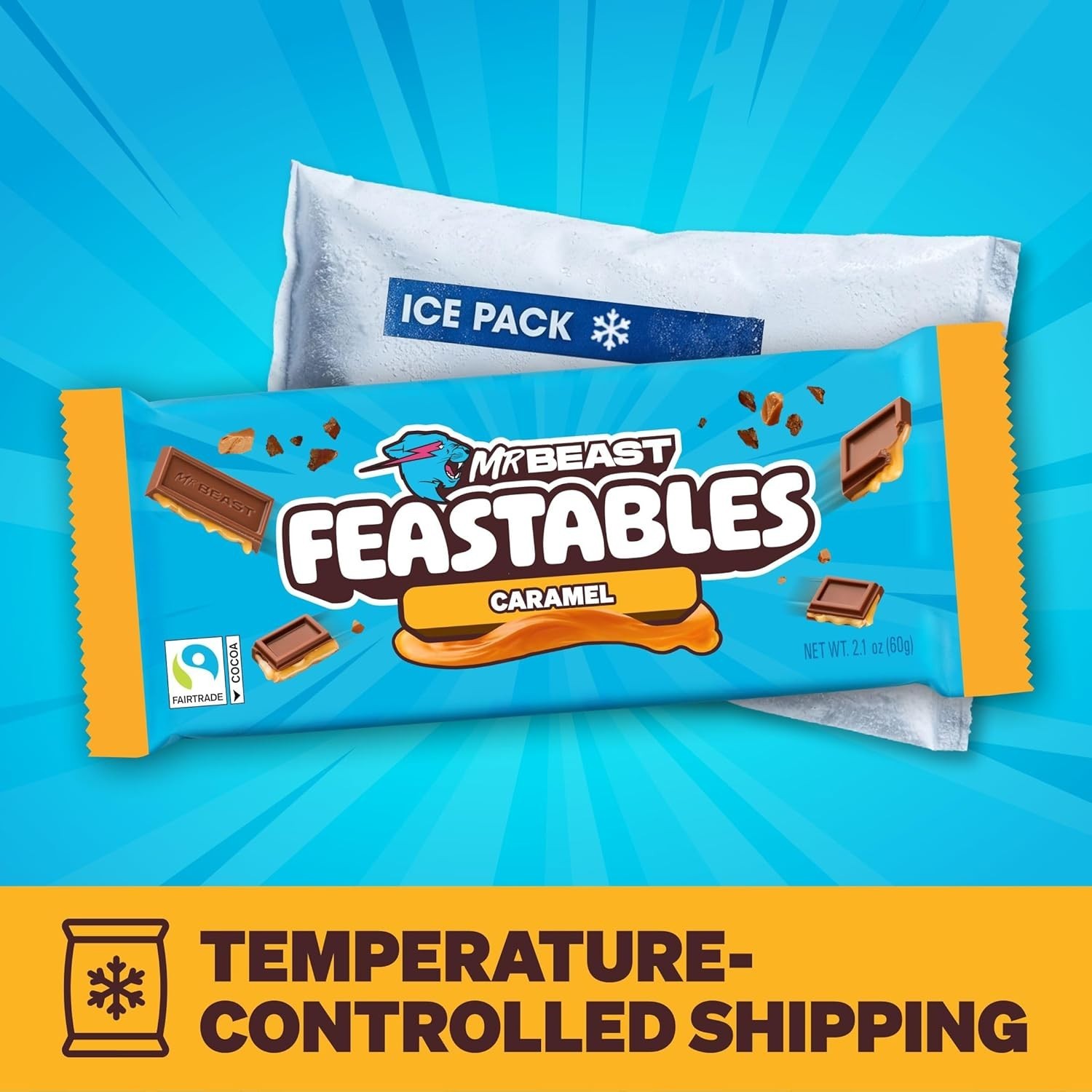 MrBeast Feastables Caramel Chocolate Bar King Size 10 Ct Fairtrade Cocoa