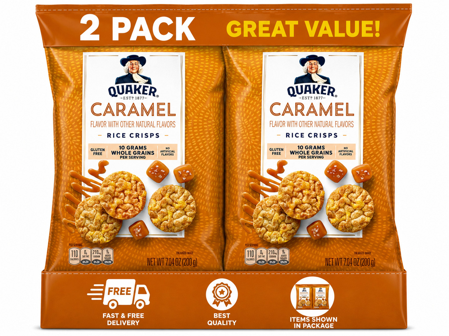 Quaker Caramel Rice Crisps 7.04oz Pack of 2 Light Crispy Snack Chips