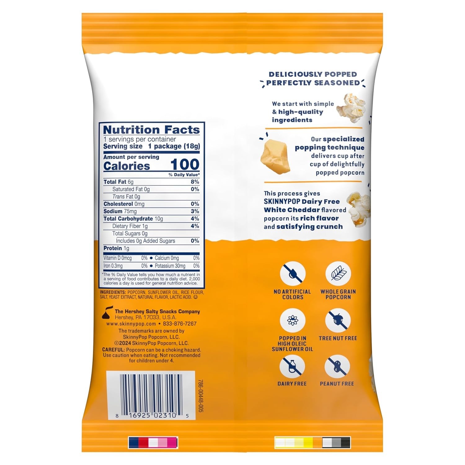 SkinnyPop Popcorn, White Cheddar, Whole Grain, Dairy-Free Snack, 0.65oz Bags 6ct