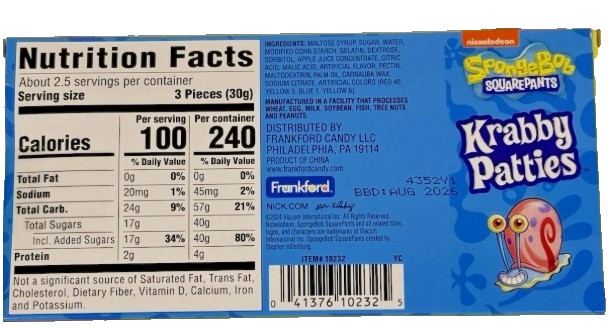 Pack of 4 SpongeBob SquarePants Krabby Patties Theater Gummy Candy 2.54oz