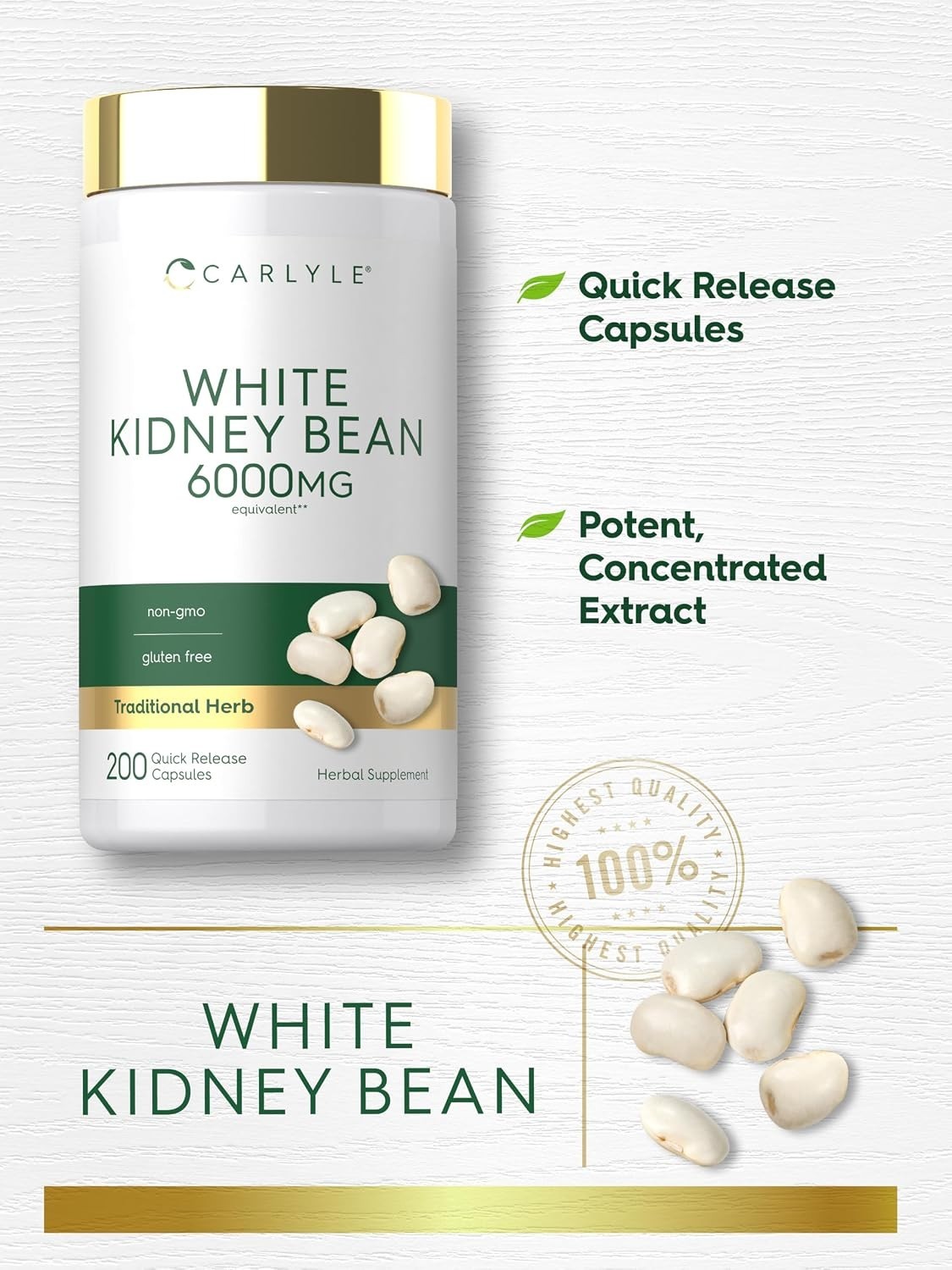 Gluten-Free White Kidney Bean Extract Capsules – 200 Count Dietary Supplement