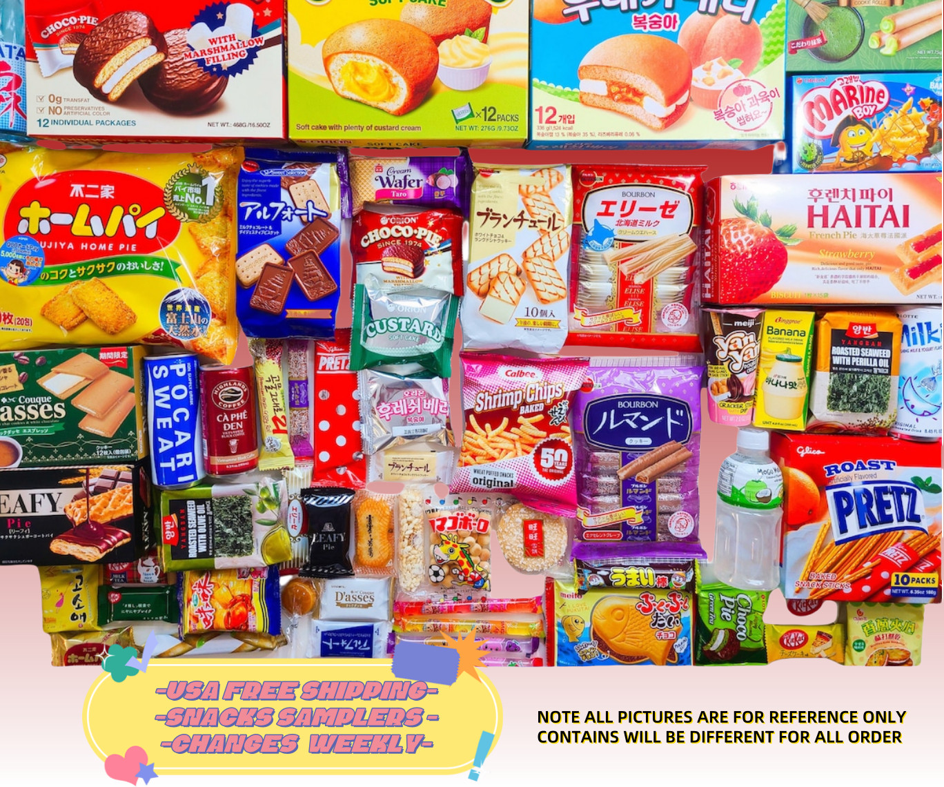 Asian Korean Japanese Chinese Variety instant ramen box + Free Snack, Candy