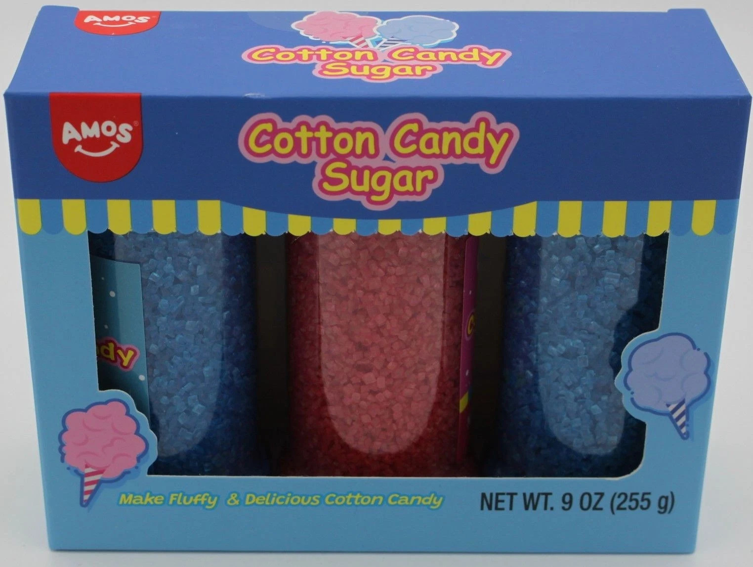 Amos Cotton Candy Sugar 6 oz Blueberry & 3 oz Strawberry Flavored Sugar 9 oz NEW