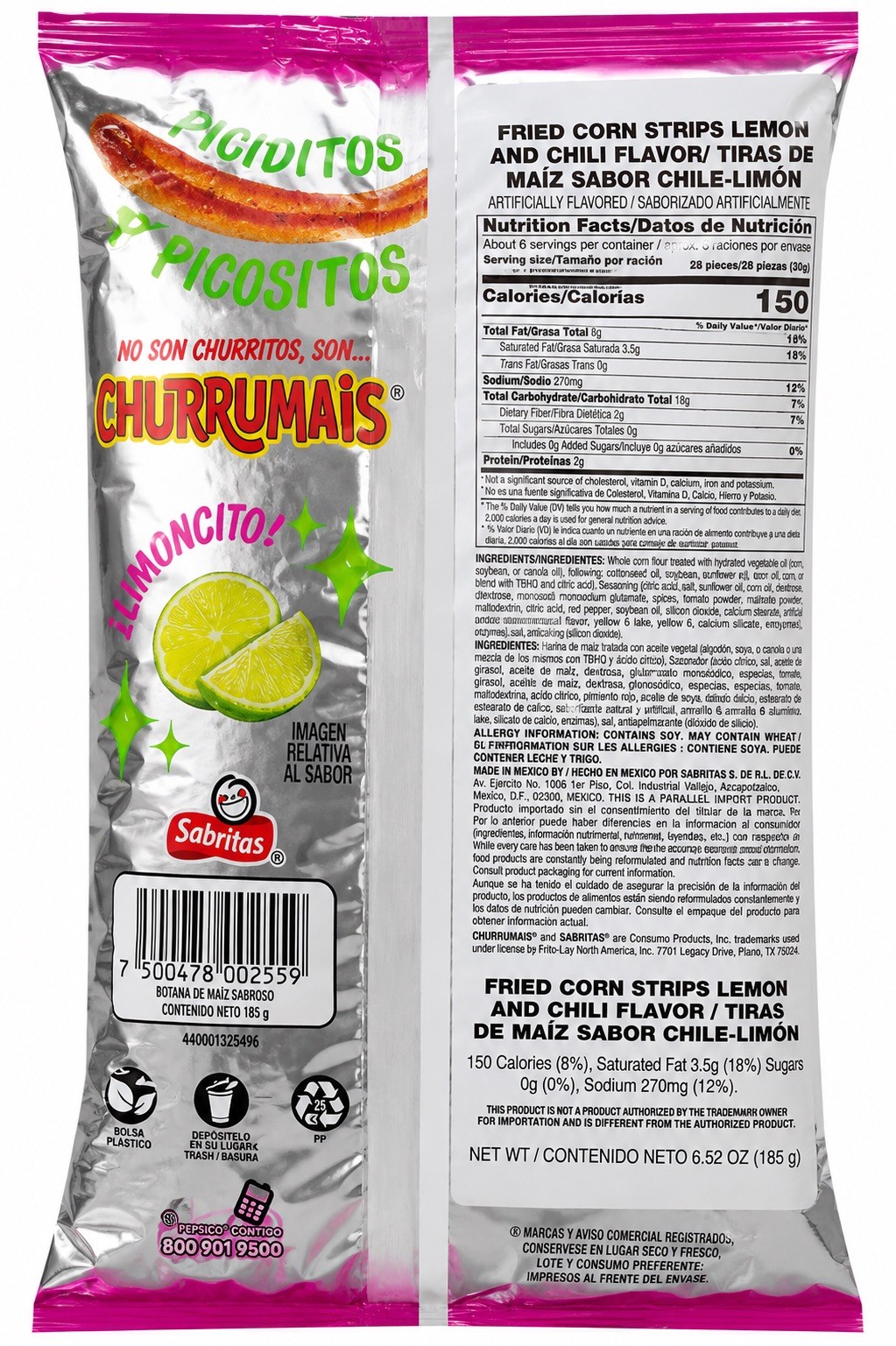 Botana Sabritas Churrumais sabor limón 265 g x 3 BAGS