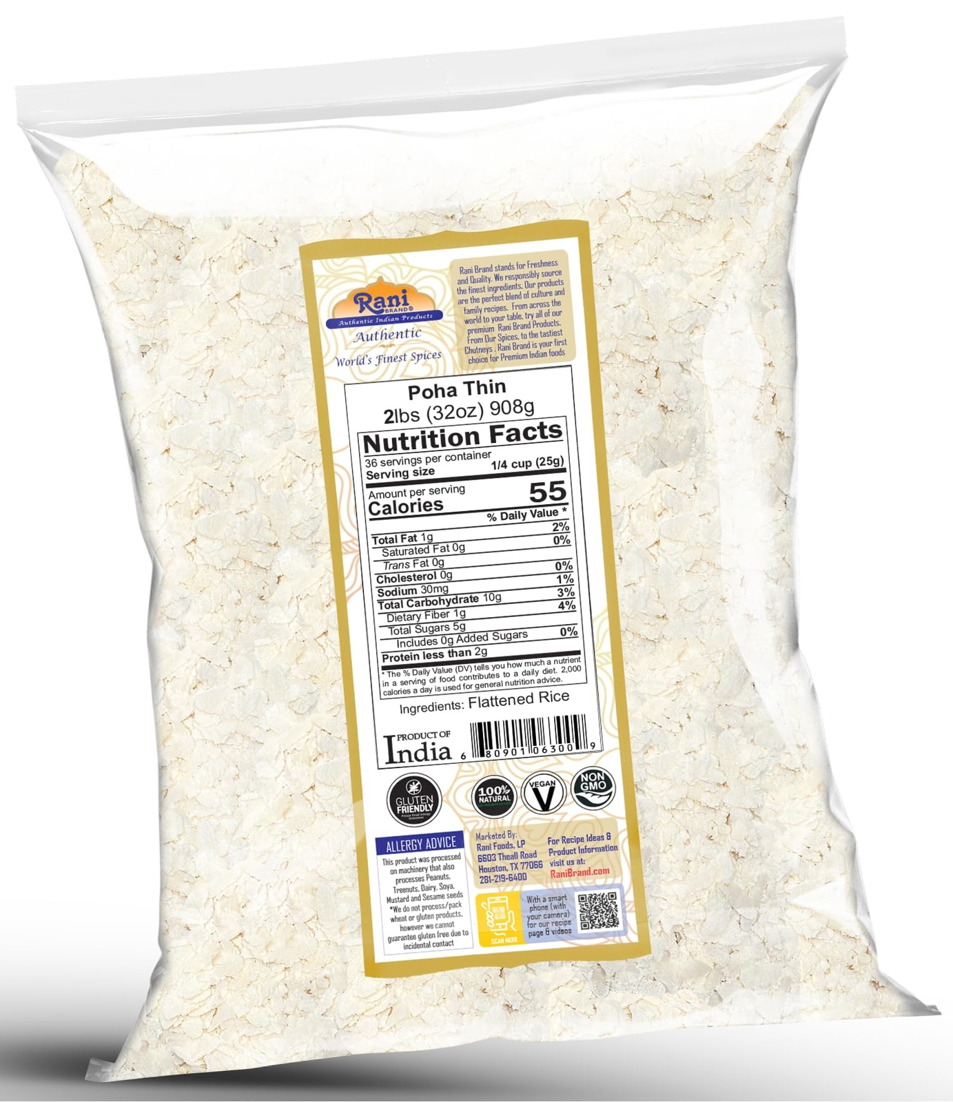 Rani Poha (Powa) Thin Cut (Flattened Rice) 2lbs (32oz) Bulk