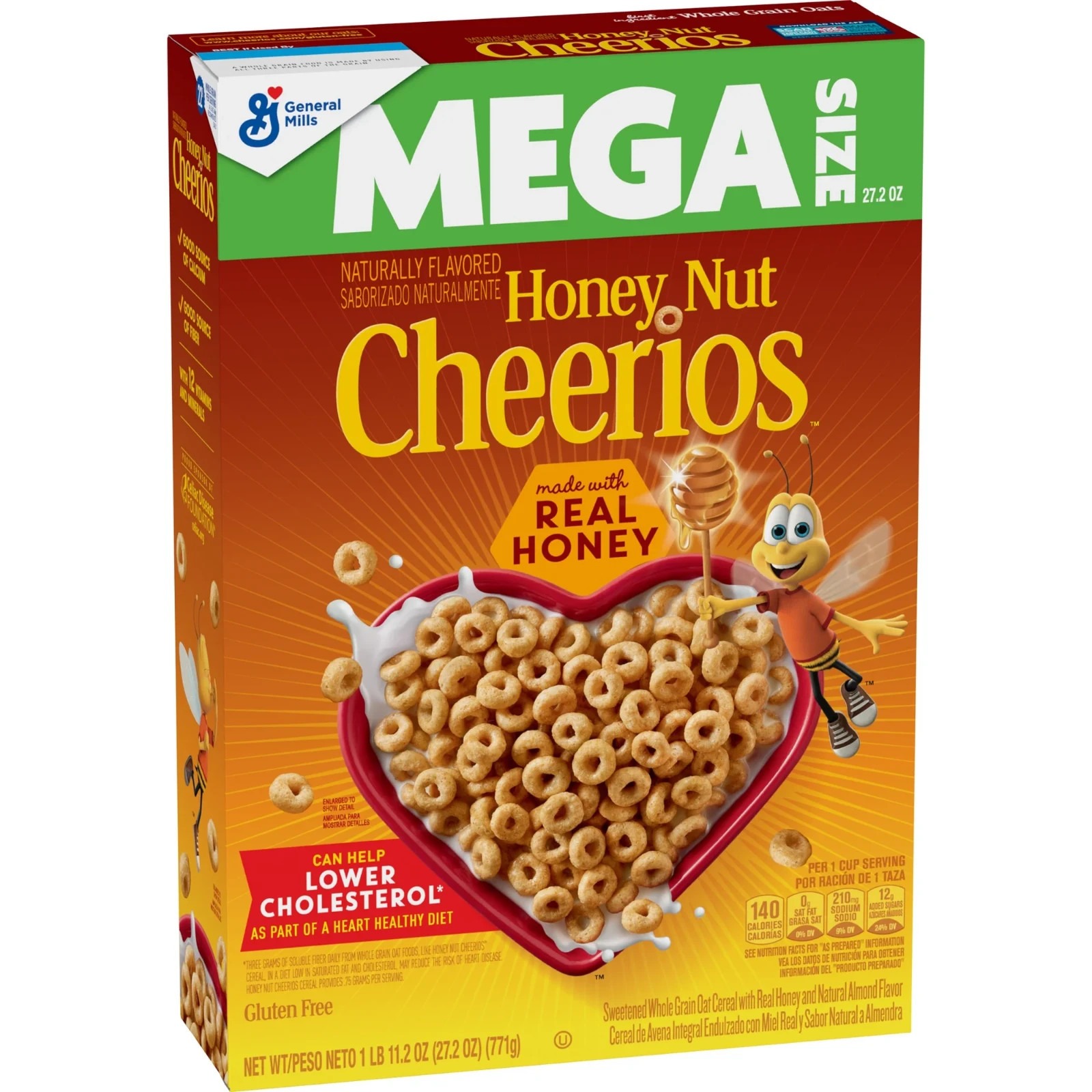 Honey Nut Cheerios, Heart Healthy Gluten Free Breakfast Cereal, Mega Size, 27.2