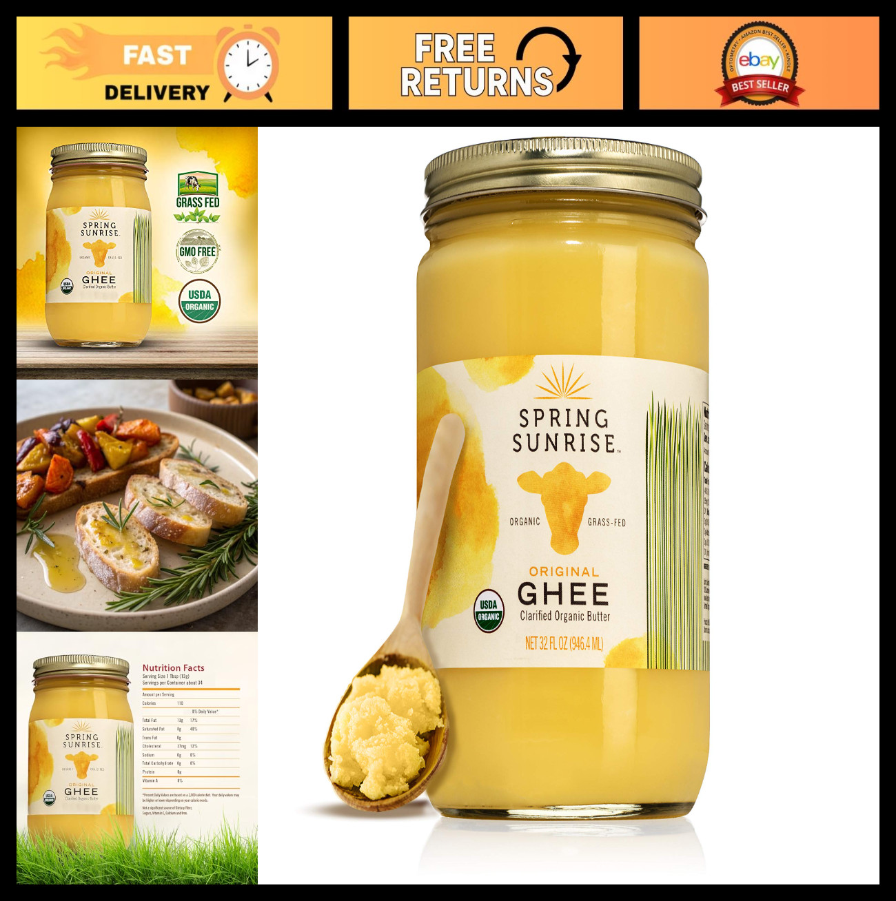 Organic Grass Fed Ghee – USDA Certified Clarified Butter, Keto, Paleo, Non-GMO,
