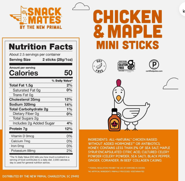 New Primal Kids Chicken and Maple Sticks 40 Count Healthy Snack 50 Calories
