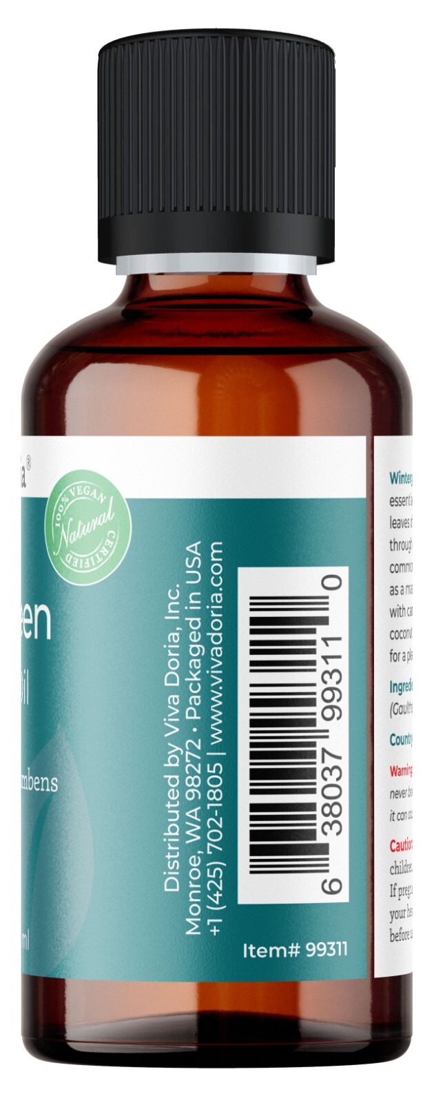 Viva Doria Pure Wintergreen Essential Oil, Food Grade, 1 Fl oz
