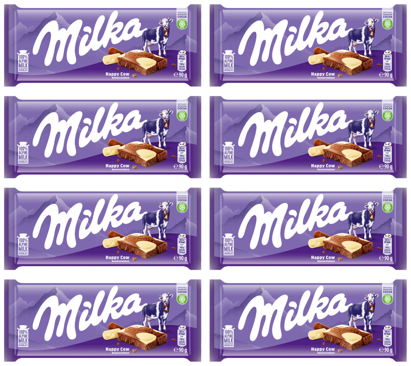 8 MILKA HAPPY COW Alpine Milk & White Chocolate Bars 100g 3.5oz