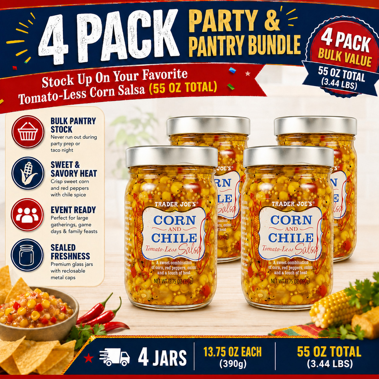 4 Pack Trader Joe’s Corn and Chile Tomato-less Salsa 13.75 oz