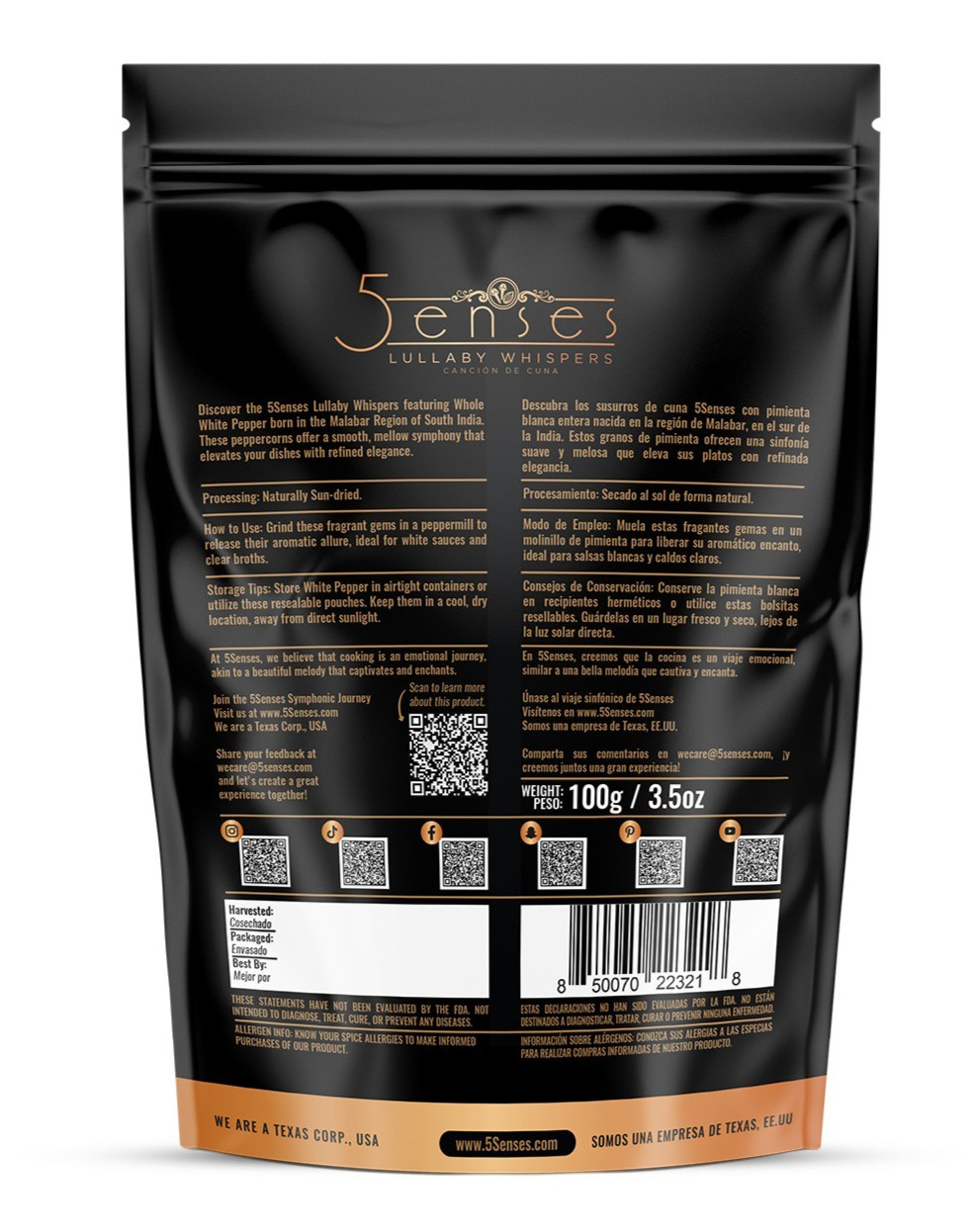 5Senses Malabar Whole White Pepper Whole | Pimienta Blanca | Non-GMO, Fairtrade