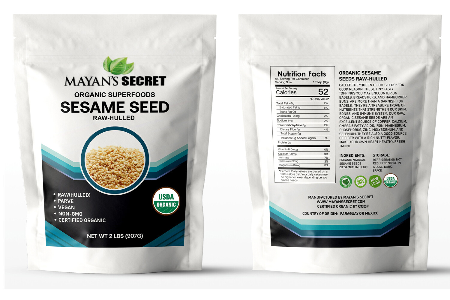 USDA Certified Organic hulled Sesame Seeds, 2 Lbs Gluten Free, Raw,Keto Friendly