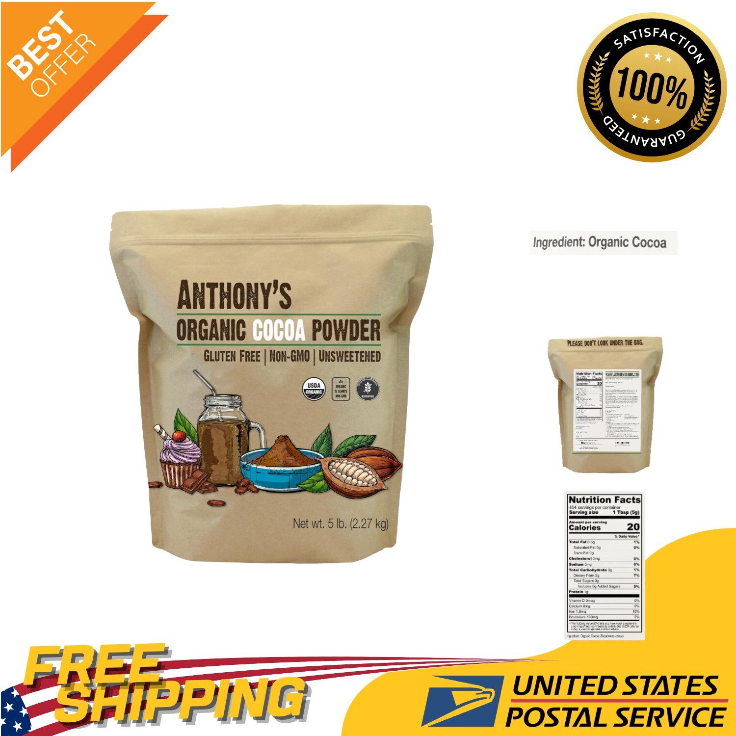 Anthony’s 5 lb Raw Cocoa Powder – Pure Organic, Gluten Free, Non-GMO Excellence