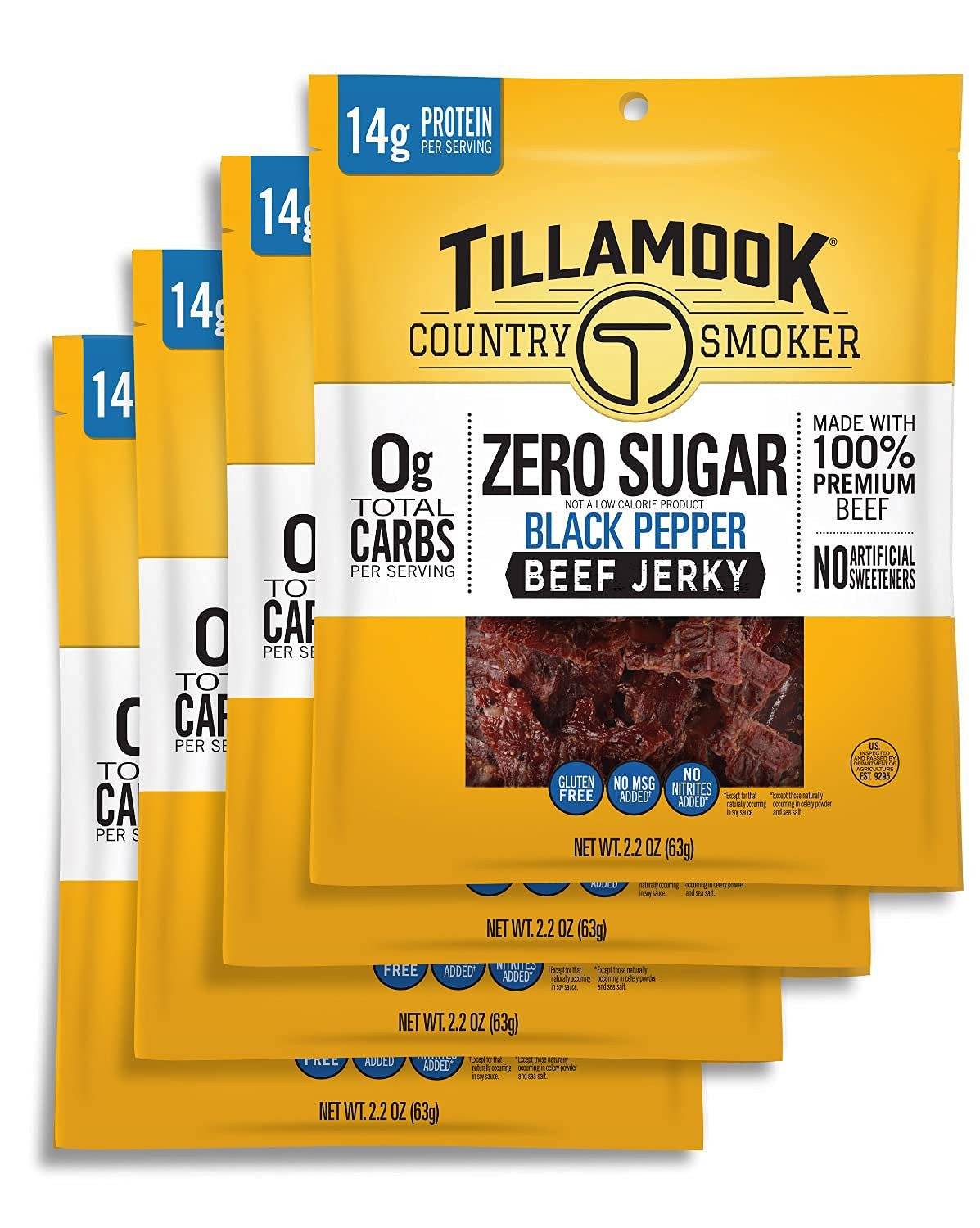 Tillamook Country Smoker Zero Sugar Keto Friendly Beef Jerky, Black Pepper, 2.2