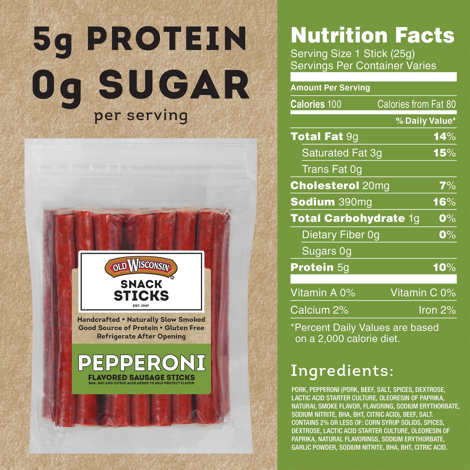 Pepperoni Snack Sticks, Naturally Smoked, High Protein, Low Carb, Keto, 28oz