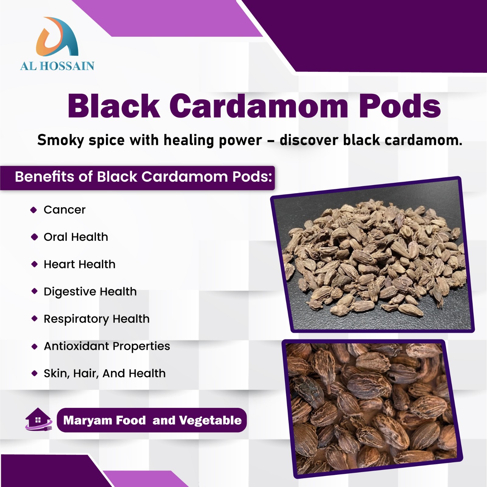 Al Hossain Black Cardamom Pods Whole 100g | Smoked Elaichi Spice for Curry