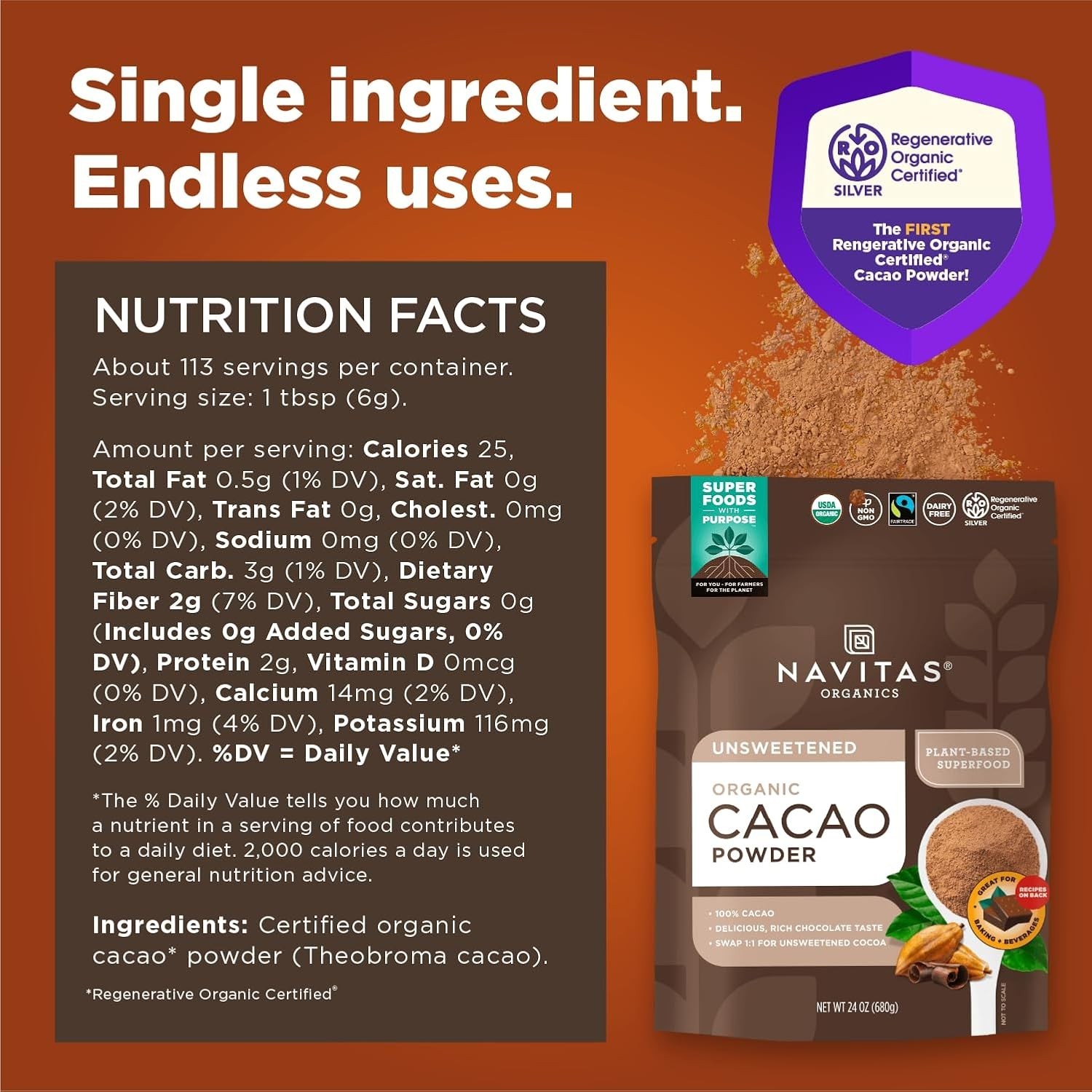 Navitas Organics Cacao Powder Organic Unsweetened Superfood Cocoa 24 oz