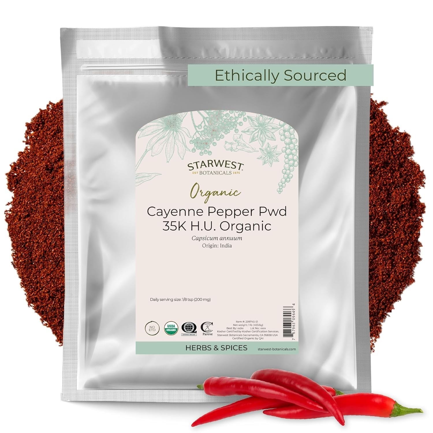 Organic Cayenne Pepper Powder 1 lb – 35k HU, Non-GMO & Sustainably Sourced